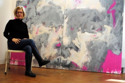 Artist Leslie Nolan with her artwork "Pulled By What Would Be"